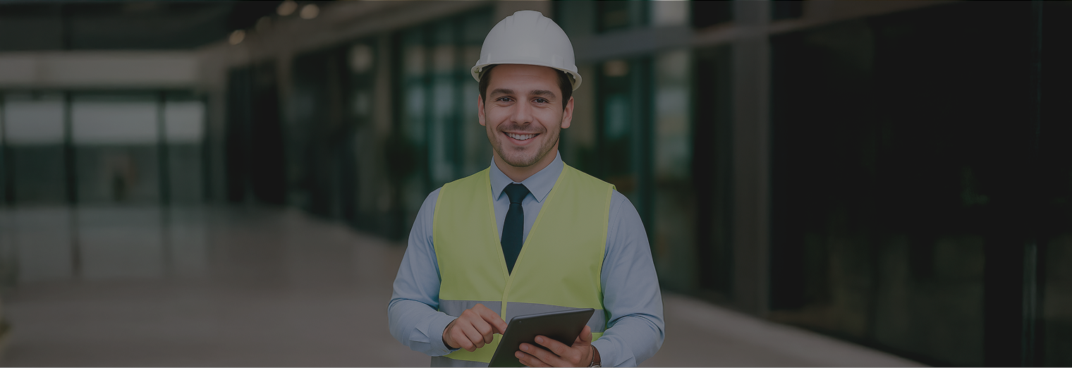 Ingeniero con casco y chaleco reflectivo sostiene una tableta en el diplomado en energías renovables de EAFIT Virtual