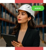Mujer con casco y tableta en una bodega, tarjeta de programa relacionado para ampliar el portafolio de servicios