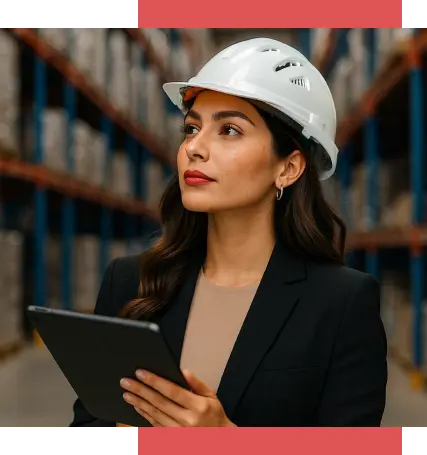 Mujer con casco y tableta en una bodega: especialización virtual en dirección de operaciones y logística