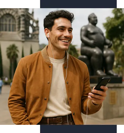 Hombre con audífonos y celular junto a una escultura, especialización virtual en gobierno del territorio